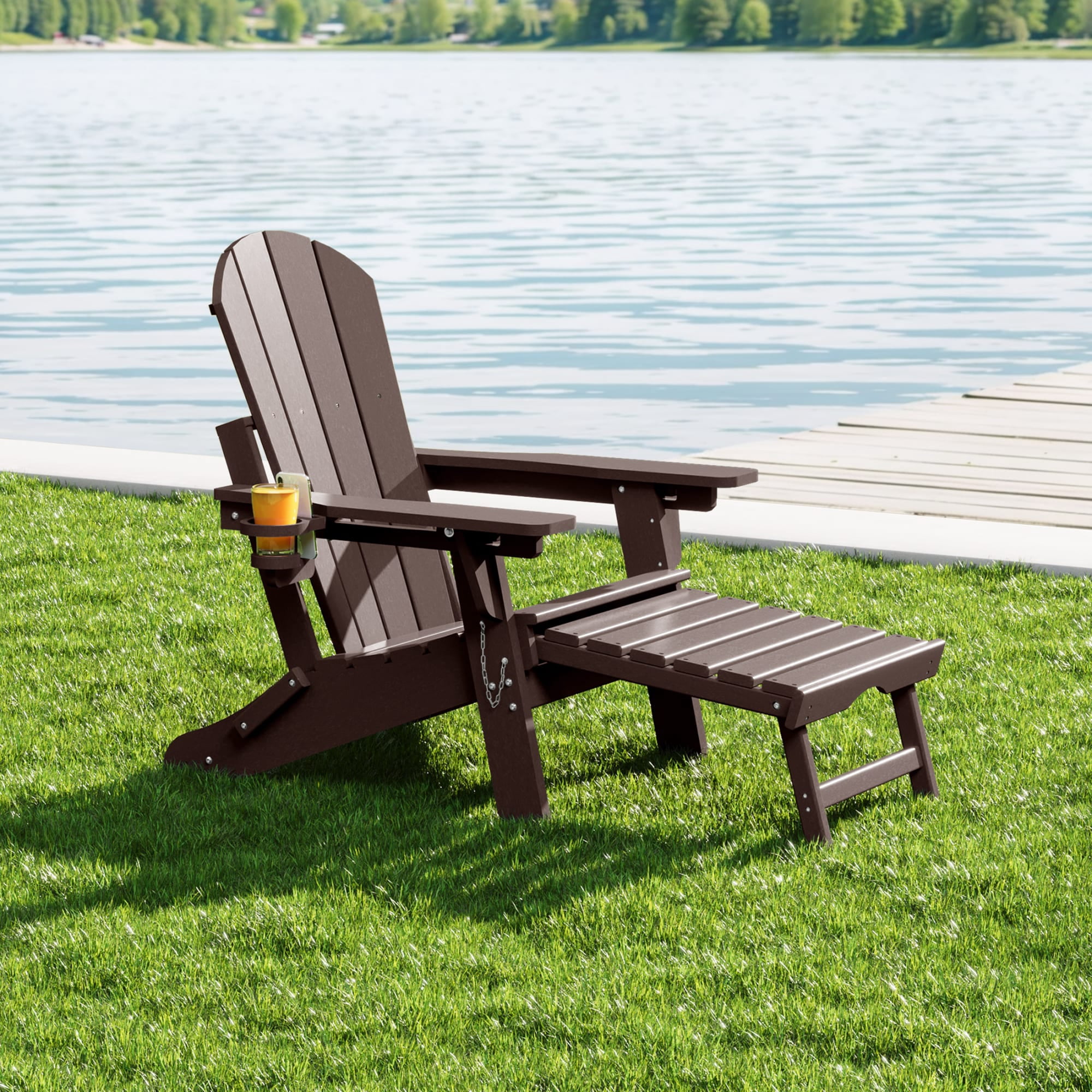 WestinTrends Malibu Folding Adjustable Adirondack Chair with Retractable Ottoman and Cup Holder, Dark Brown