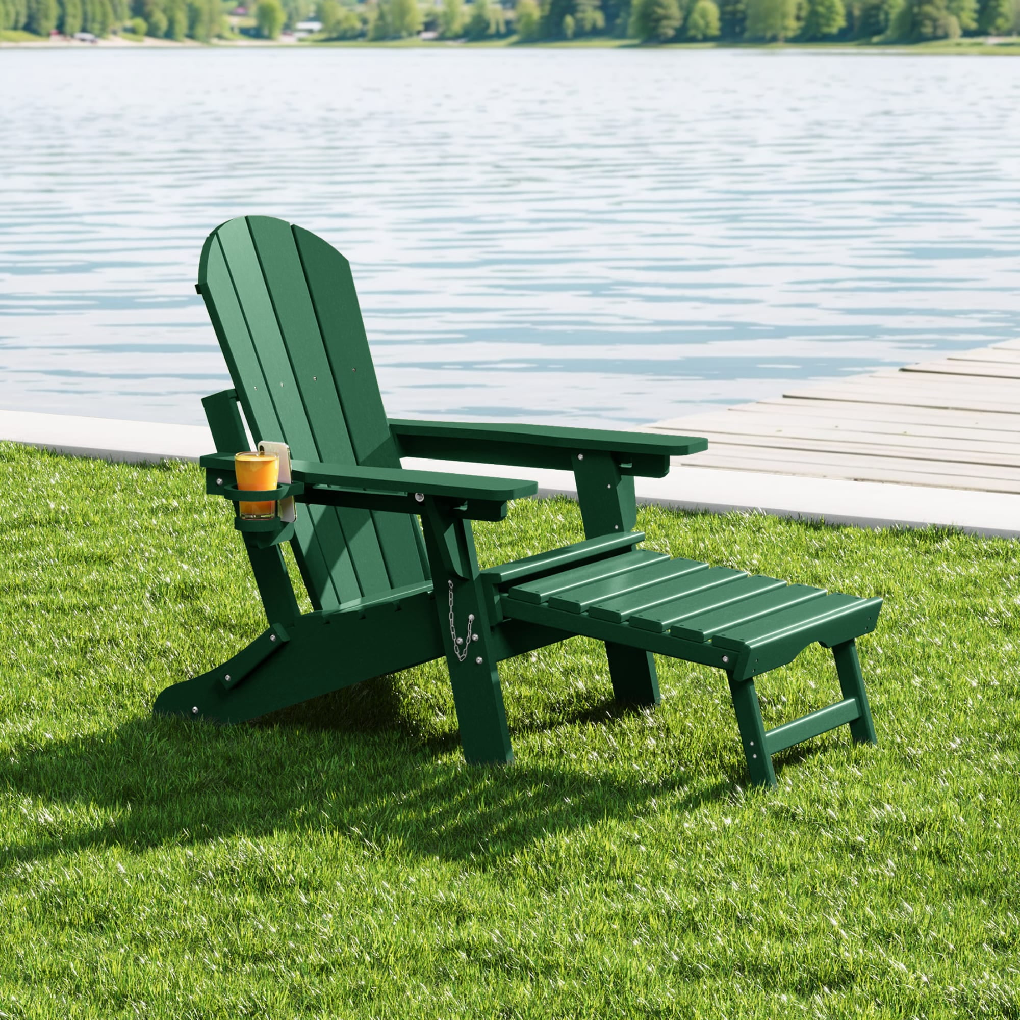 WestinTrends Malibu Folding Adjustable Adirondack Chair with Retractable Ottoman and Cup Holder, Dark Green
