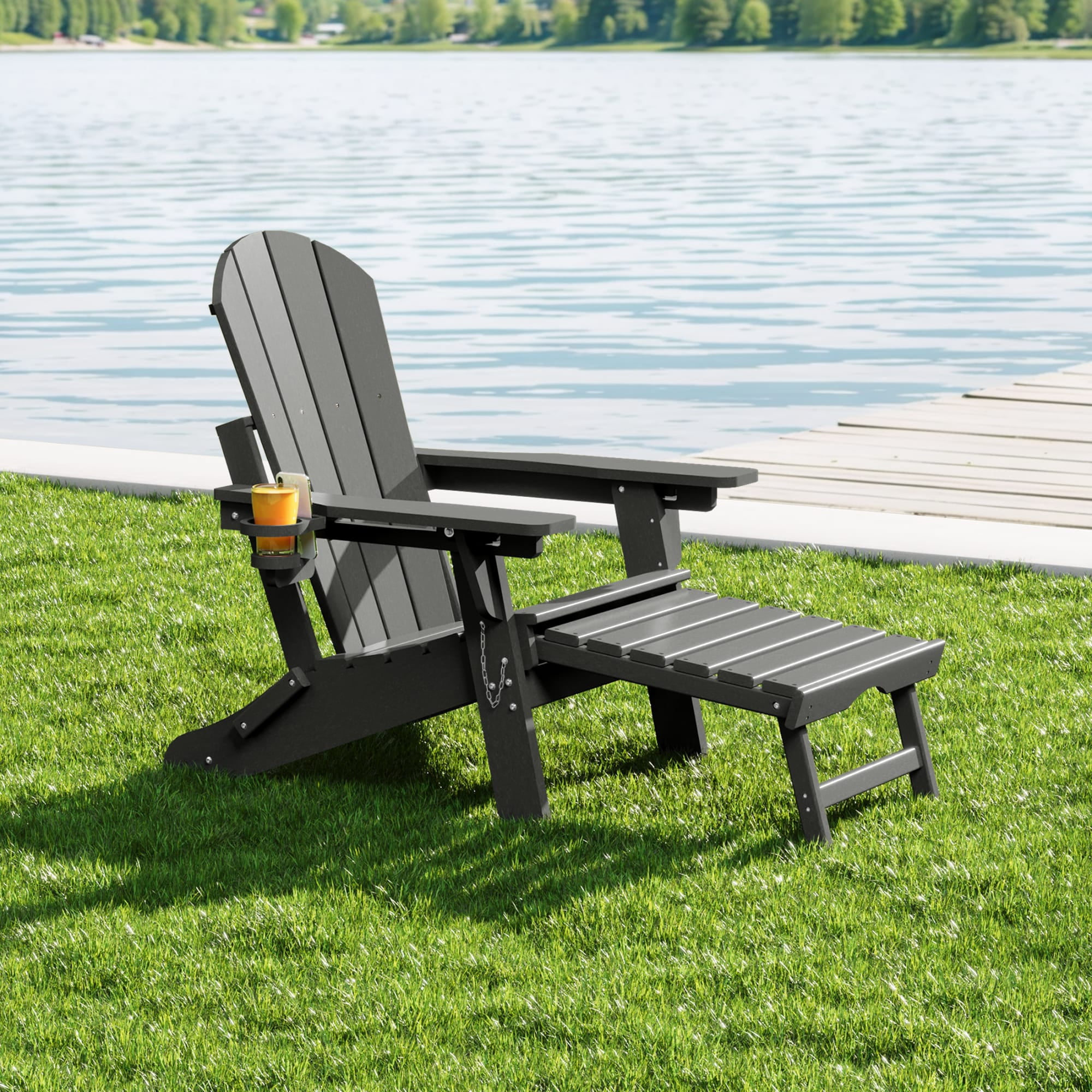 WestinTrends Malibu Folding Adjustable Adirondack Chair with Retractable Ottoman and Cup Holder, Gray