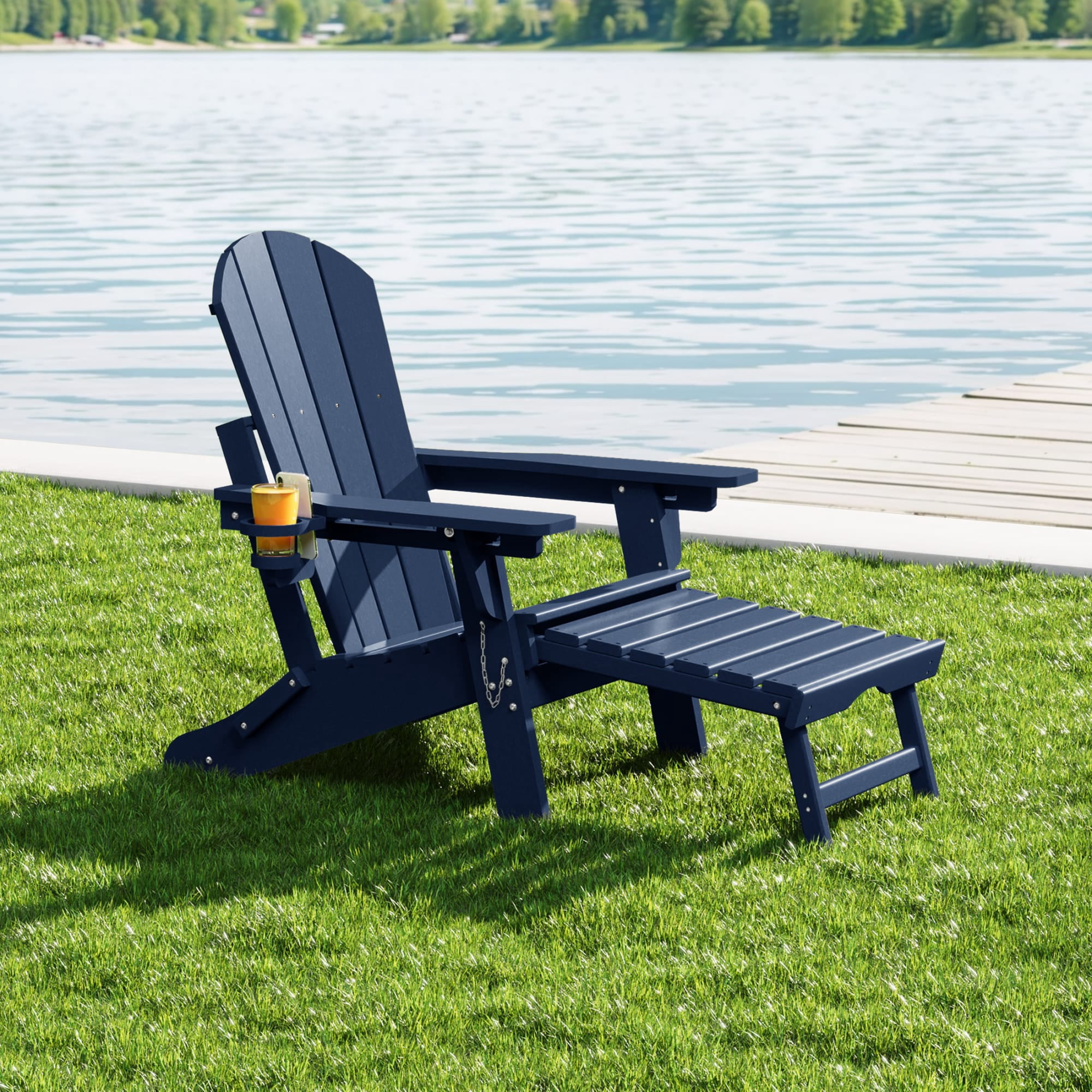 WestinTrends Malibu Folding Adjustable Adirondack Chair with Retractable Ottoman and Cup Holder, Navy Blue