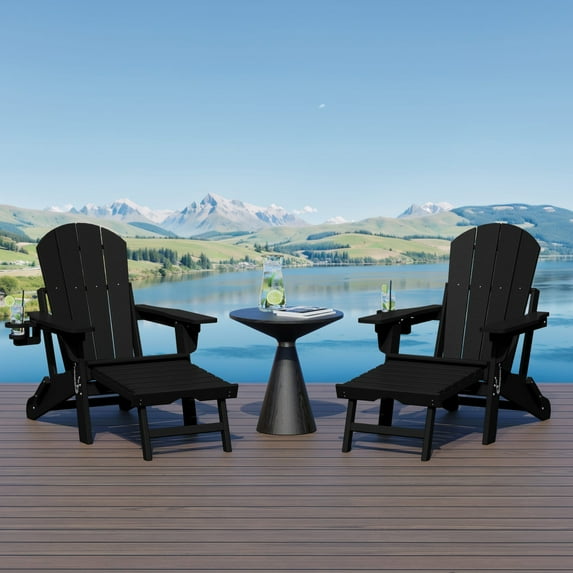 WestinTrends Malibu Folding Adjustable Adirondack Chair with Retractable Ottoman and Cup Holder (Set of 2), Black