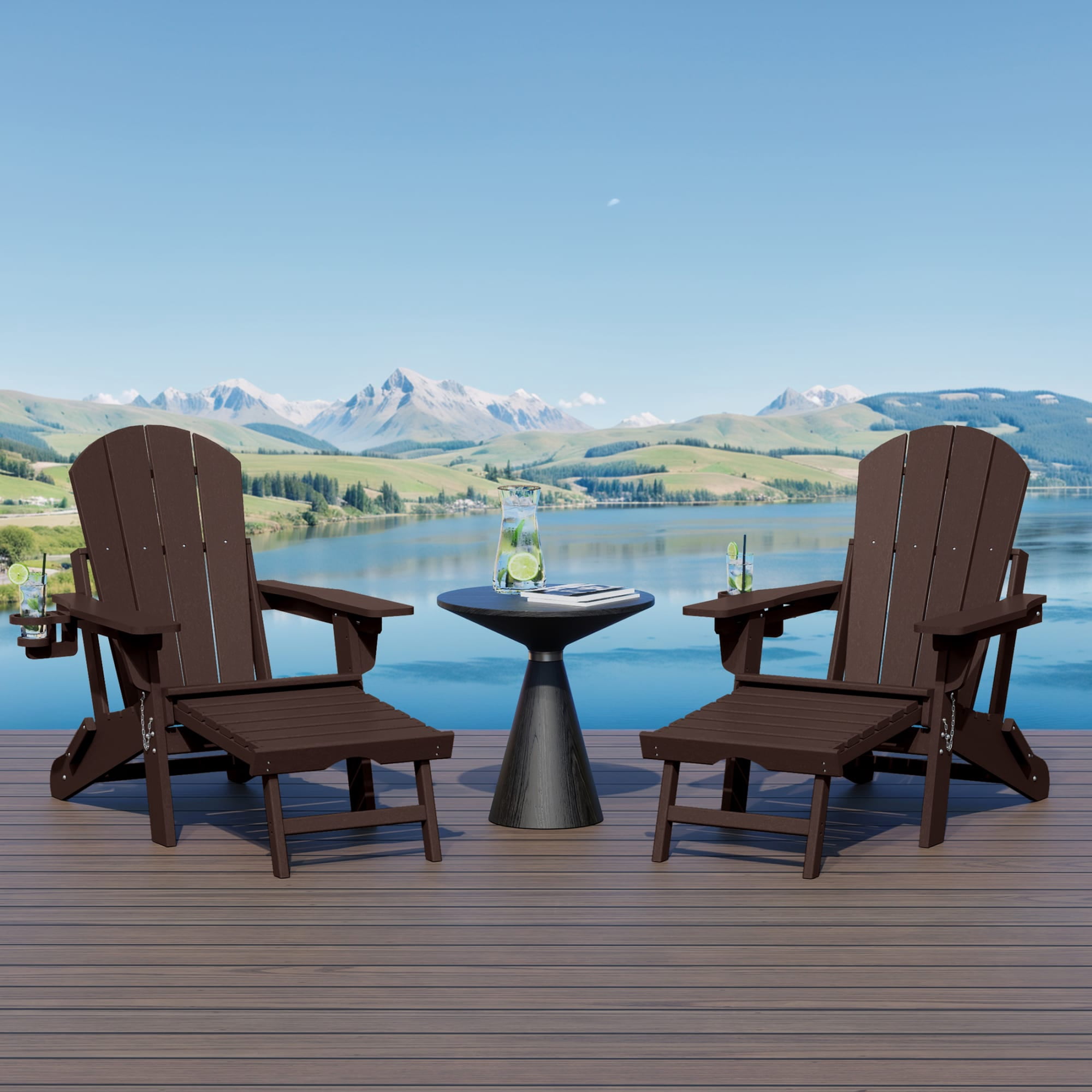 WestinTrends Malibu Folding Adjustable Adirondack Chair with Retractable Ottoman and Cup Holder (Set of 2), Dark Brown