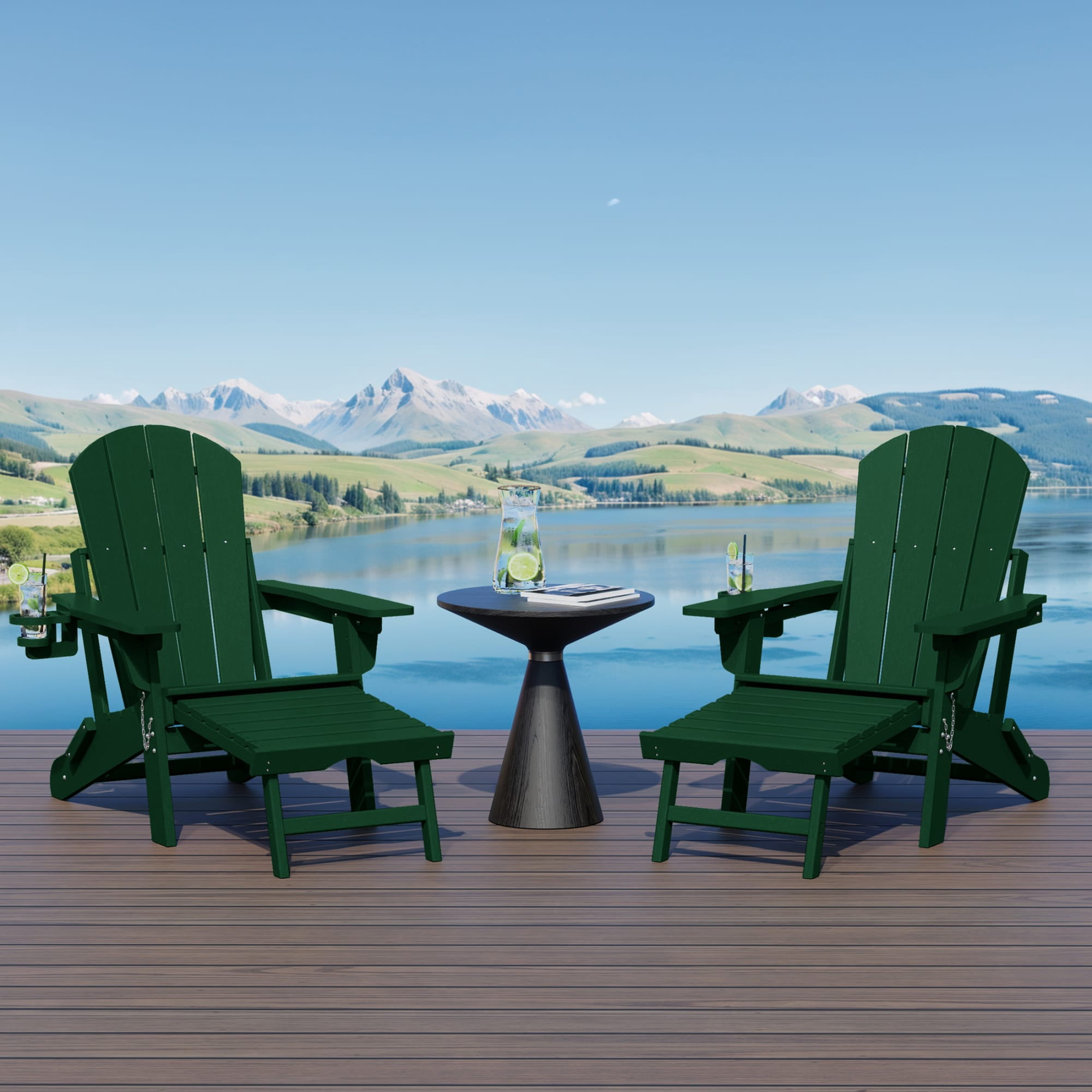 WestinTrends Malibu Folding Adjustable Adirondack Chair with Retractable Ottoman and Cup Holder (Set of 2), Dark Green