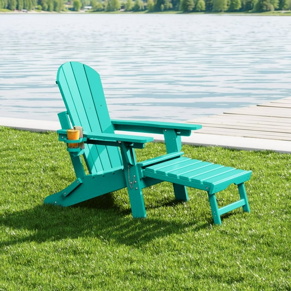 WestinTrends Malibu Folding Adjustable Adirondack Chair with Retractable Ottoman and Cup Holder, Turquoise