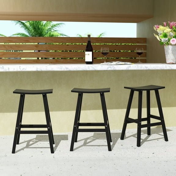 WestinTrends Malibu HDPE Outdoor Patio 29" Bar Stool Saddle Seat (Set of 3), Black
