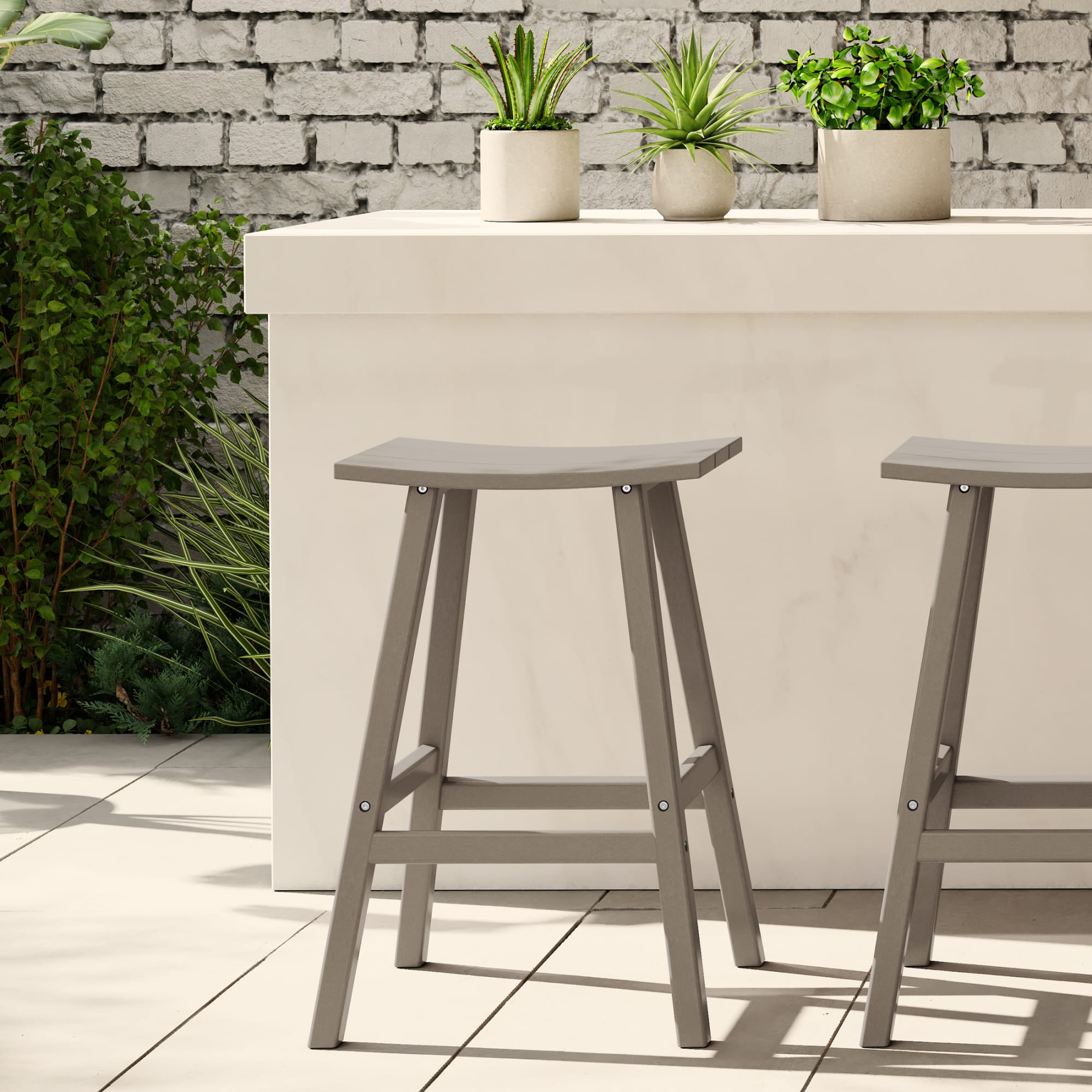 Weathered Wood 29" HDPE Outdoor Saddle Seat Bar Stool