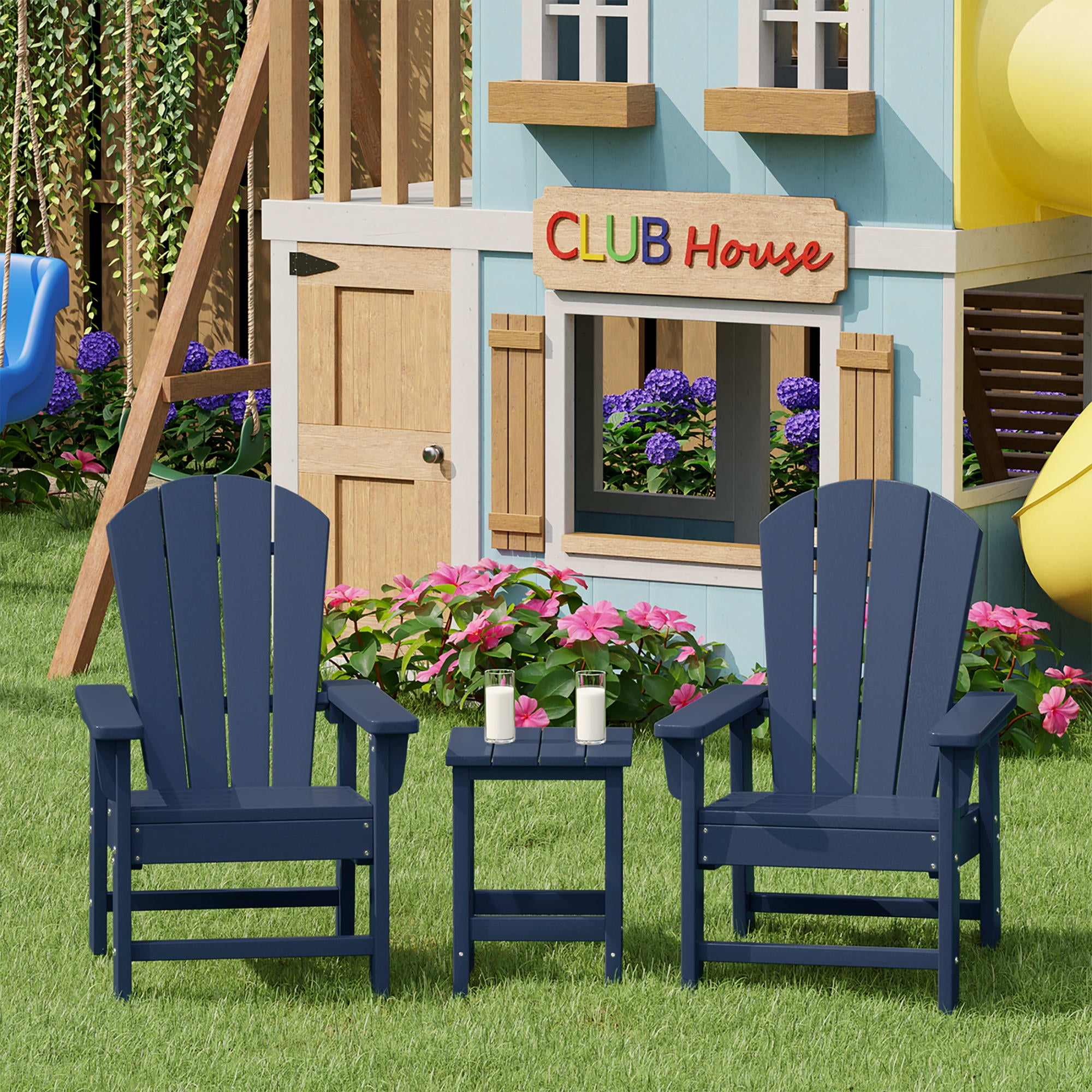 WestinTrends Malibu Kids 3-Piece Outdoor HDPE Adirondack Chairs With Square Side Table Set, Navy Blue