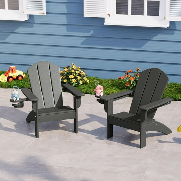 WestinTrends Malibu Kids Outdoor HDPE Plastic Adirondack Patio Chairs with Cup Holders (Set of 2), Gray