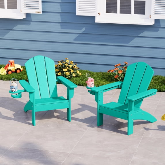 WestinTrends Malibu Kids Outdoor HDPE Plastic Adirondack Patio Chairs with Cup Holders (Set of 2), Turquoise