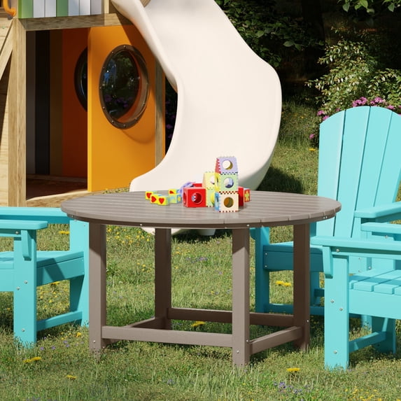 WestinTrends Malibu Kids Outdoor Patio Furniture HDPE 38" Wide Round Dining Table, Weathered Wood