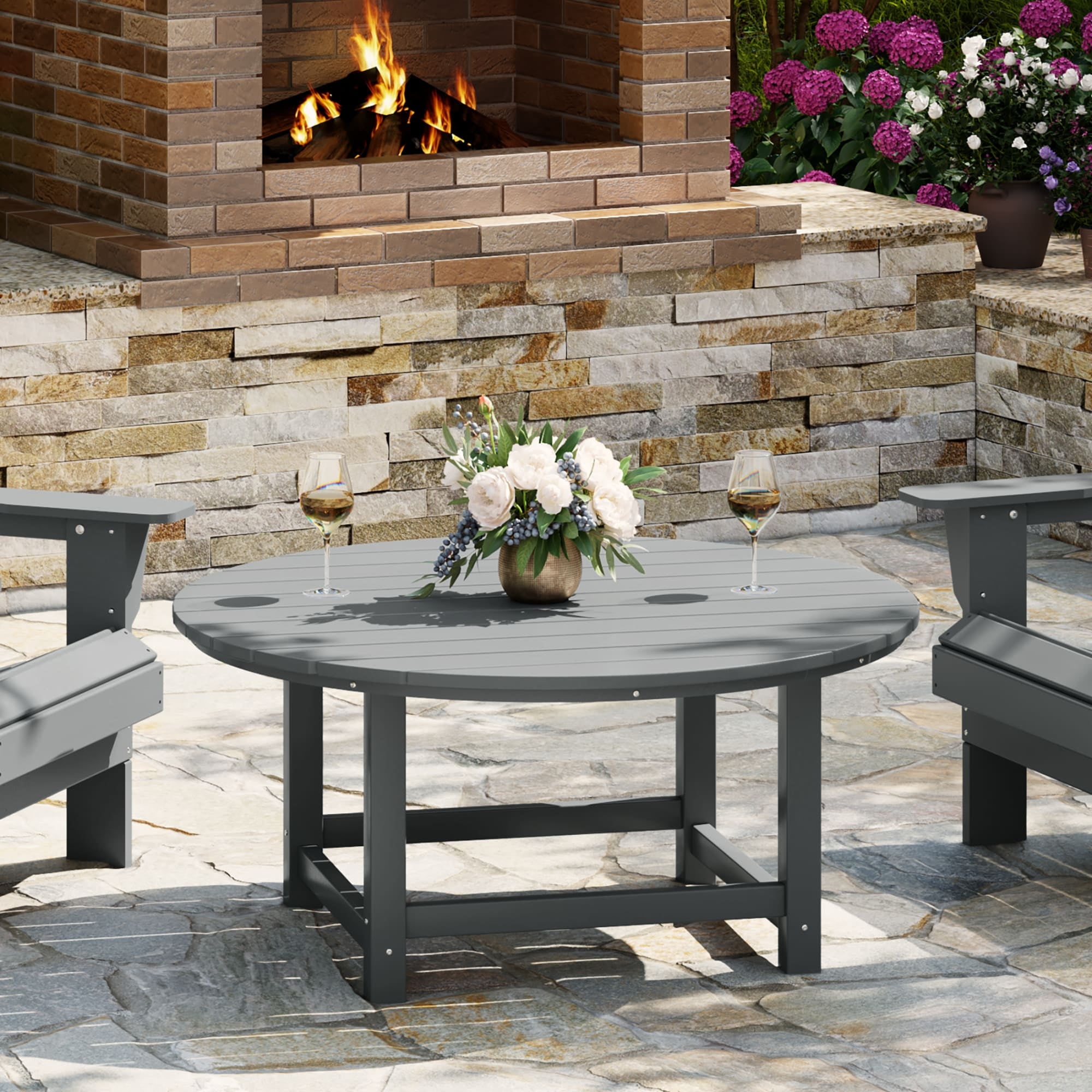 Gray HDPE Round Outdoor Patio Coffee Table with Umbrella Hole