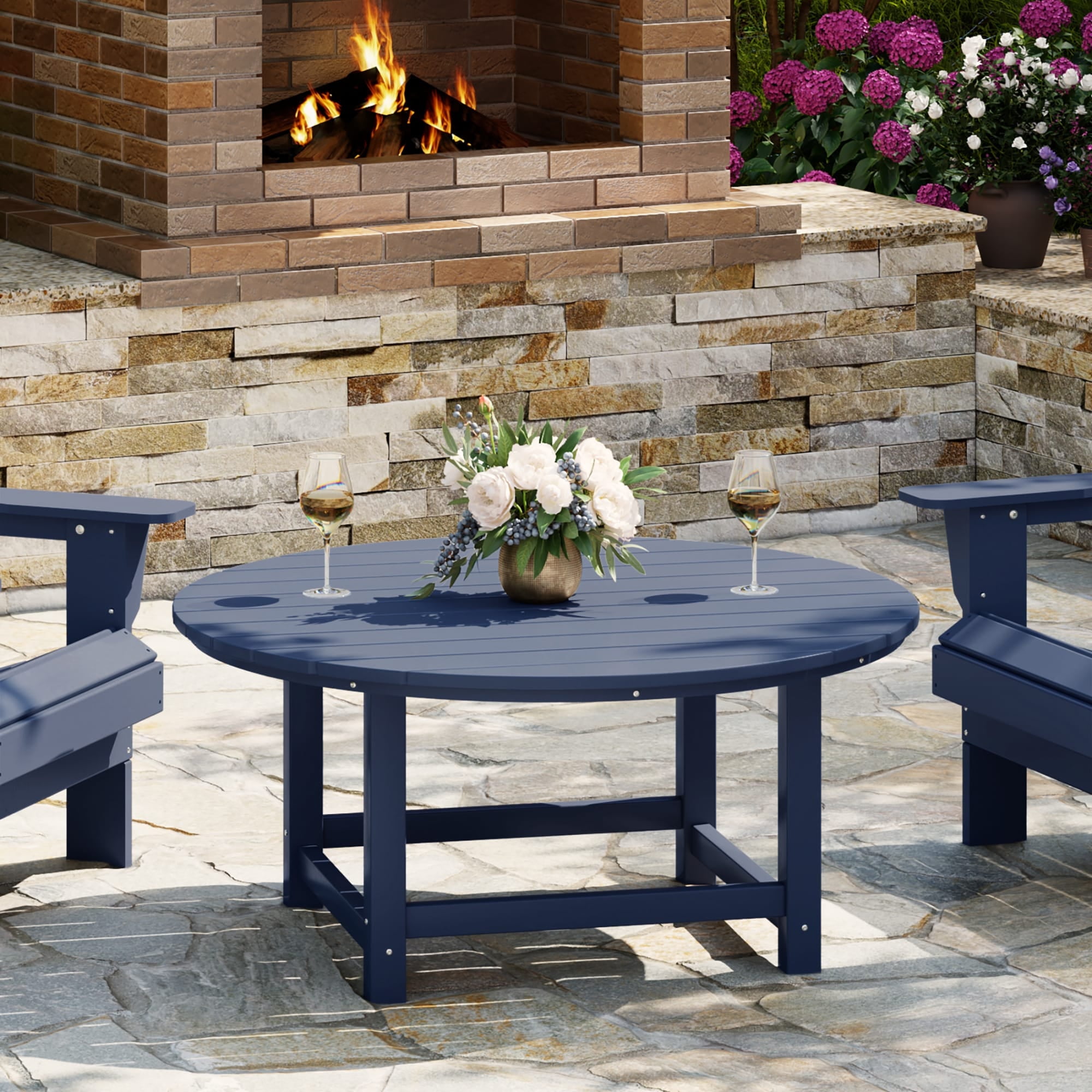WestinTrends Malibu Low Outdoor HDPE Round Patio Coffee Table, Navy Blue