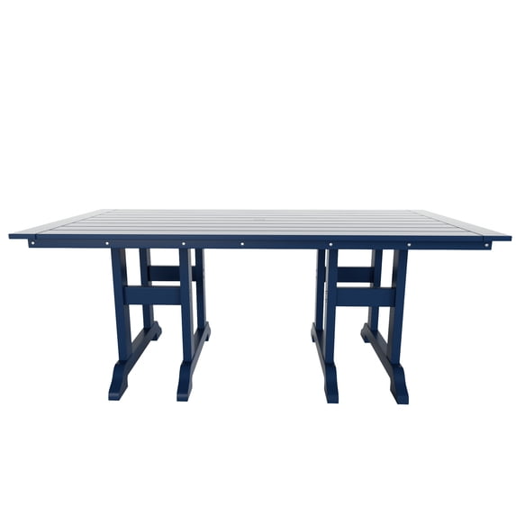 WestinTrends Malibu Outdoor Dining Table for 6, All Weather Poly Lumber Adirondack 71" Trestle Long Dining Table with Umbrella Hole, Navy Blue