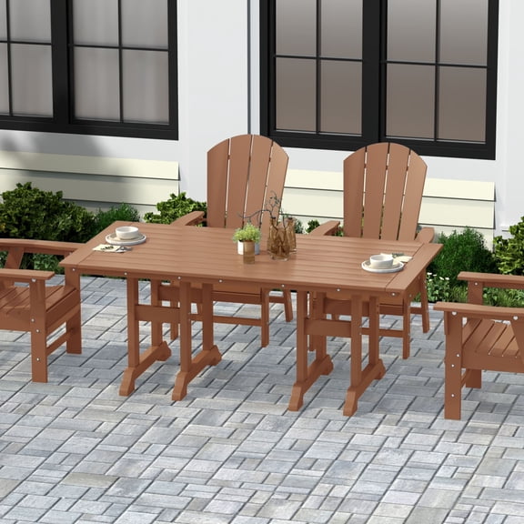 WestinTrends Malibu Outdoor Dining Table for 6, All Weather Poly Lumber Adirondack 71" Trestle Long Dining Table with Umbrella Hole, Teak