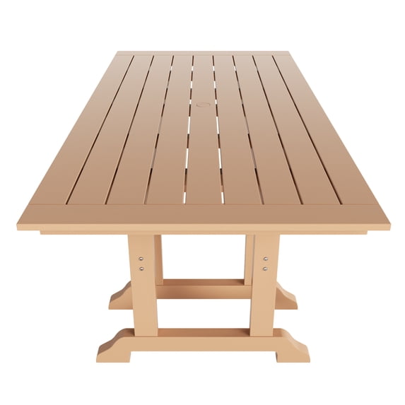 WestinTrends Malibu Outdoor Dining Table for 6, All Weather Poly Lumber Adirondack 71" Trestle Long Dining Table with Umbrella Hole, Teak