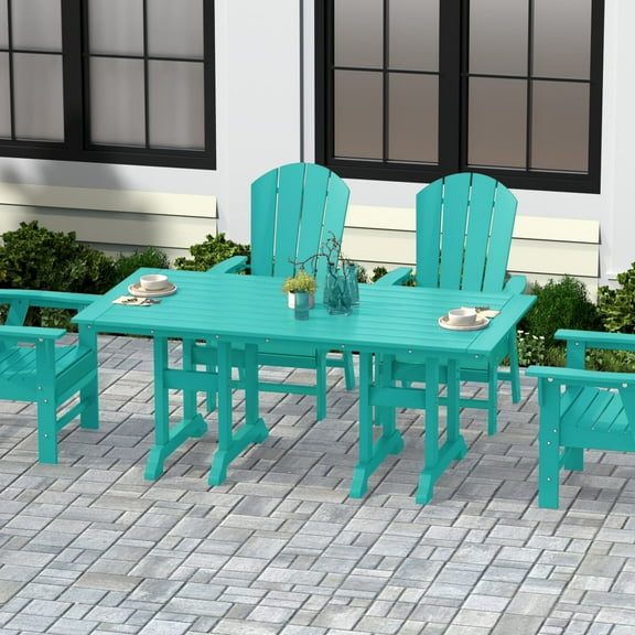 WestinTrends Malibu Outdoor Dining Table for 6, All Weather Poly Lumber Adirondack 71" Trestle Long Dining Table with Umbrella Hole, Turquoise