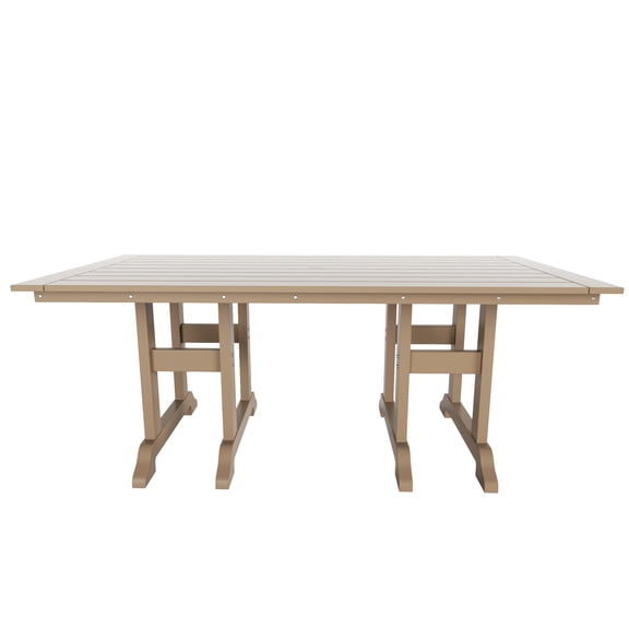 WestinTrends Malibu Outdoor Dining Table for 6, All Weather Poly Lumber Adirondack 71" Trestle Long Dining Table with Umbrella Hole, Weathered Wood