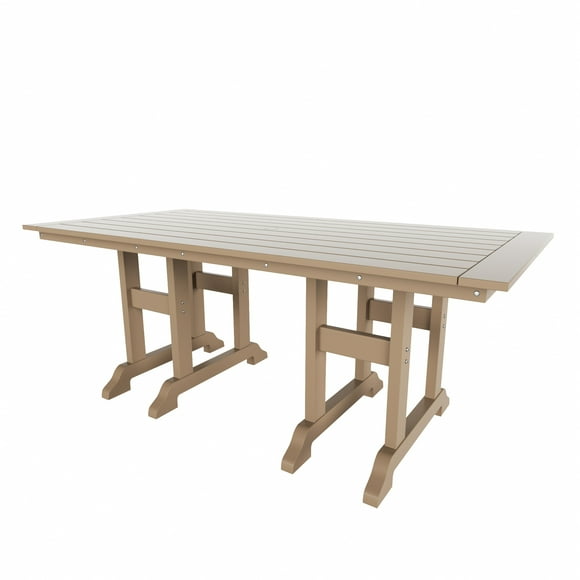 WestinTrends Malibu Outdoor Dining Table for 6, All Weather Poly Lumber Adirondack 71" Trestle Long Dining Table with Umbrella Hole, Weathered Wood