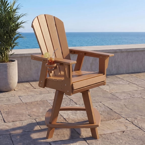 WestinTrends Malibu Outdoor HDPE Adirondack Swivel Counter Height Bar Chair With Cup Holder, Teak