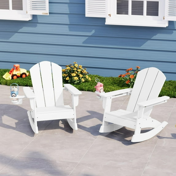 WestinTrends Malibu Outdoor HDPE Plastic Preschool Toddler Classic Adirondack Rocking Chairs (Set of 2), White