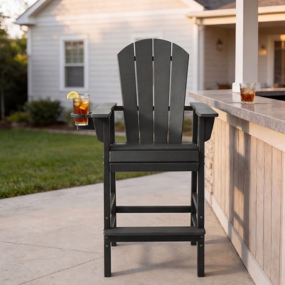 WestinTrends Malibu Outdoor HDPE Tall Adirondack Bar Height Chair With Cup Holder, Gray