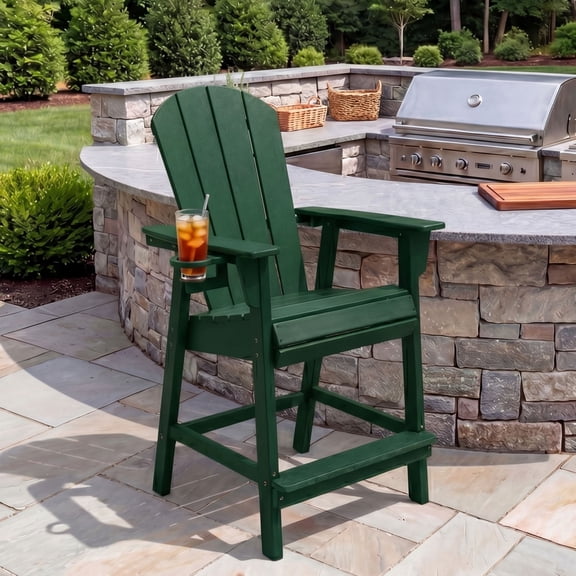 WestinTrends Malibu Outdoor HDPE Tall Adirondack Counter Height Bar Chair With Cup Holder, Dark Green