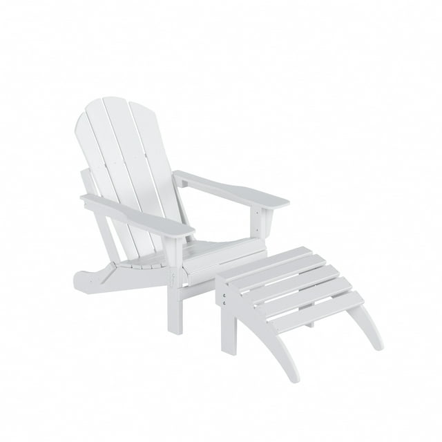 WestinTrends Malibu Outdoor Lounge Chair, 2-Pieces Adirondack Chair Set with Ottoman, All Weather Poly Lumber Patio Lawn Folding Chairs for Outside Pool Garden Backyard Beach, White