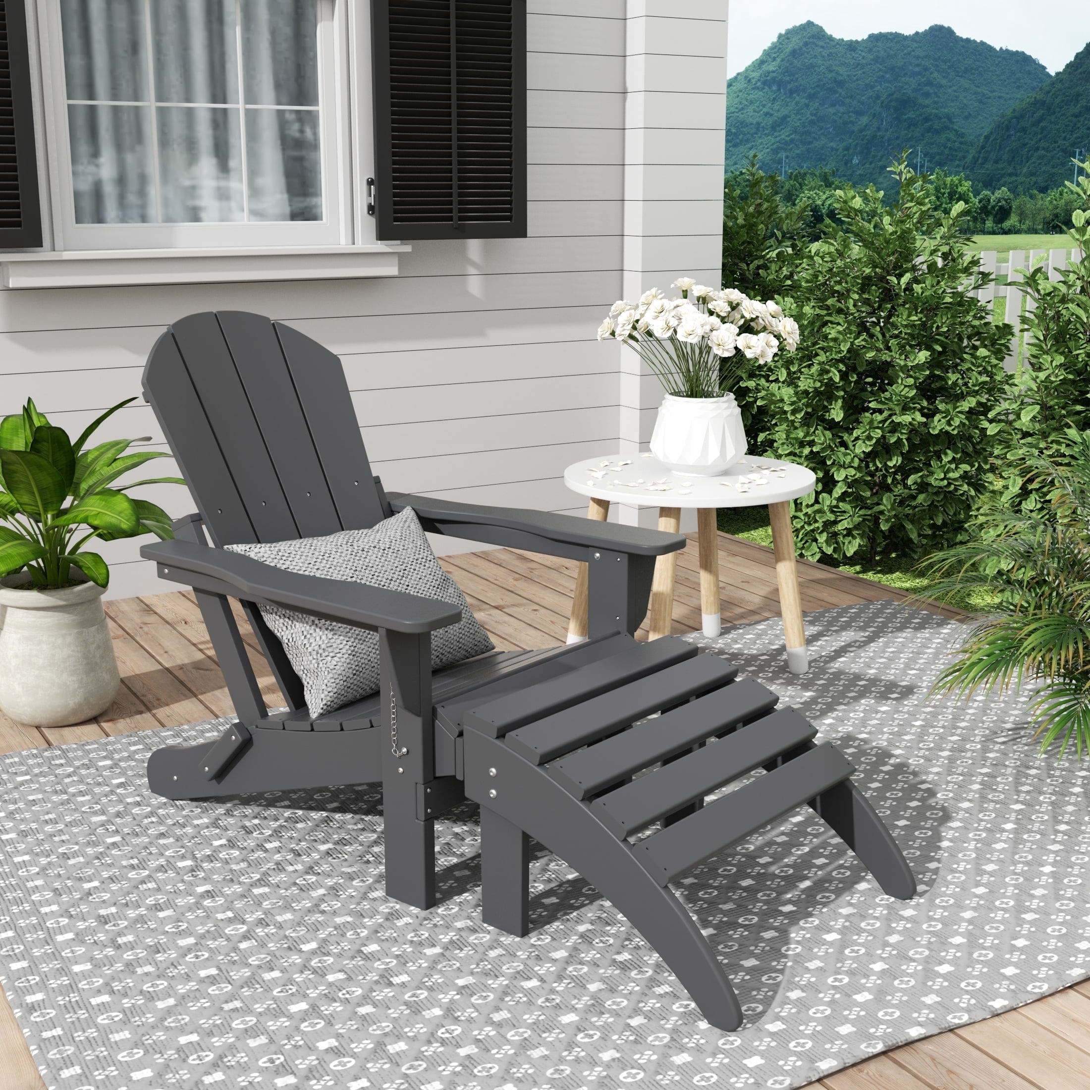 WestinTrends Malibu Outdoor Lounge Chair, 2-Pieces Adirondack Chair Set with Ottoman, All Weather Poly Lumber Patio Lawn Folding Chairs for Outside Pool Garden Backyard Beach, Gray