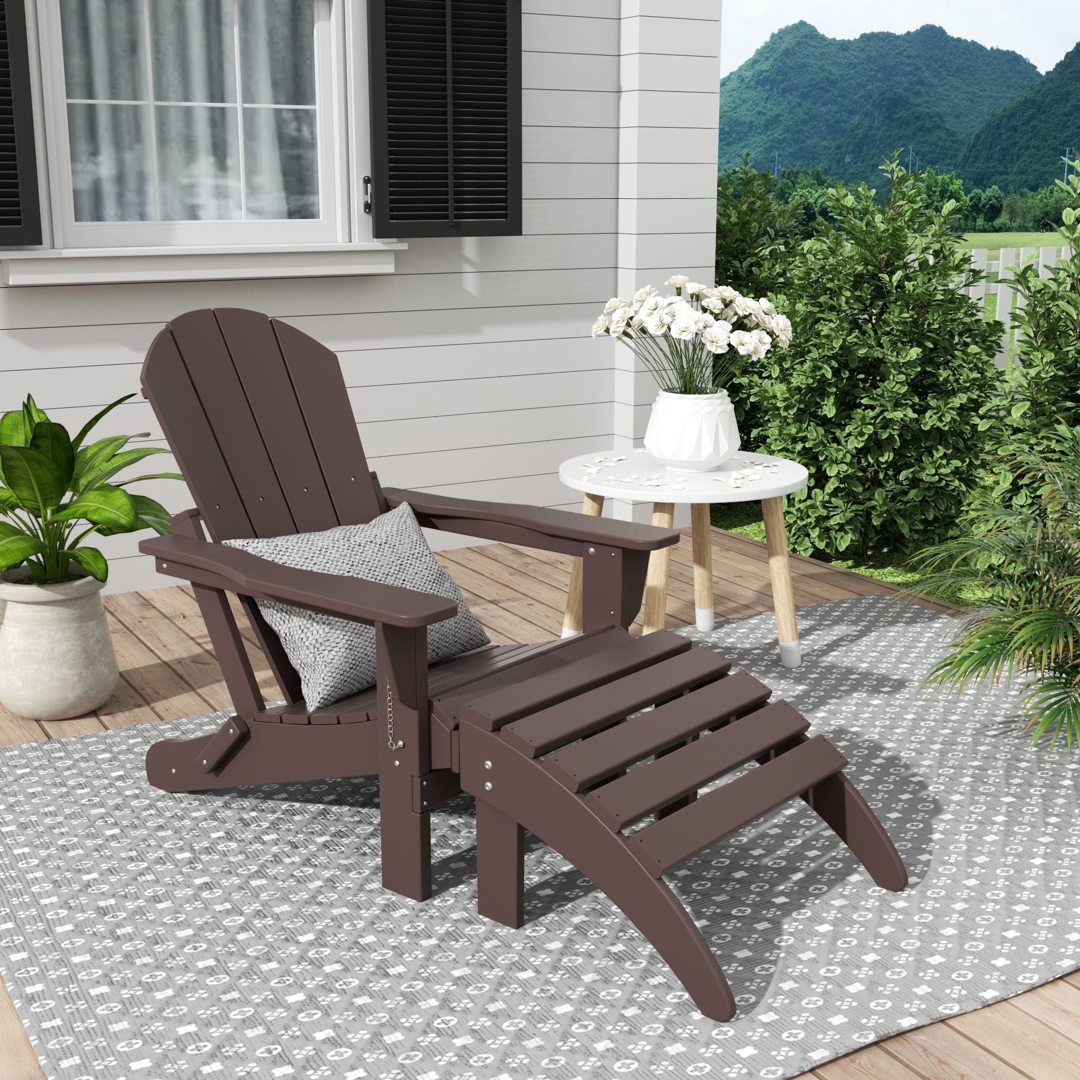 WestinTrends Malibu Outdoor Lounge Chair, 2-Pieces Adirondack Chair Set with Ottoman, All Weather Poly Lumber Patio Lawn Folding Chairs for Outside Pool Garden Backyard Beach, Dark Brown