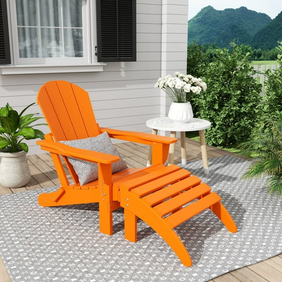 WestinTrends Malibu Outdoor Lounge Chair, 2-Pieces Adirondack Chair Set with Ottoman, All Weather Poly Lumber Patio Lawn Folding Chairs for Outside Pool Garden Backyard Beach, Orange