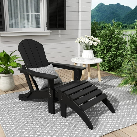 WestinTrends Malibu Outdoor Lounge Chair, 2-Pieces Adirondack Chair Set with Ottoman, All Weather Poly Lumber Patio Lawn Folding Chairs for Outside Pool Garden Backyard Beach, Black