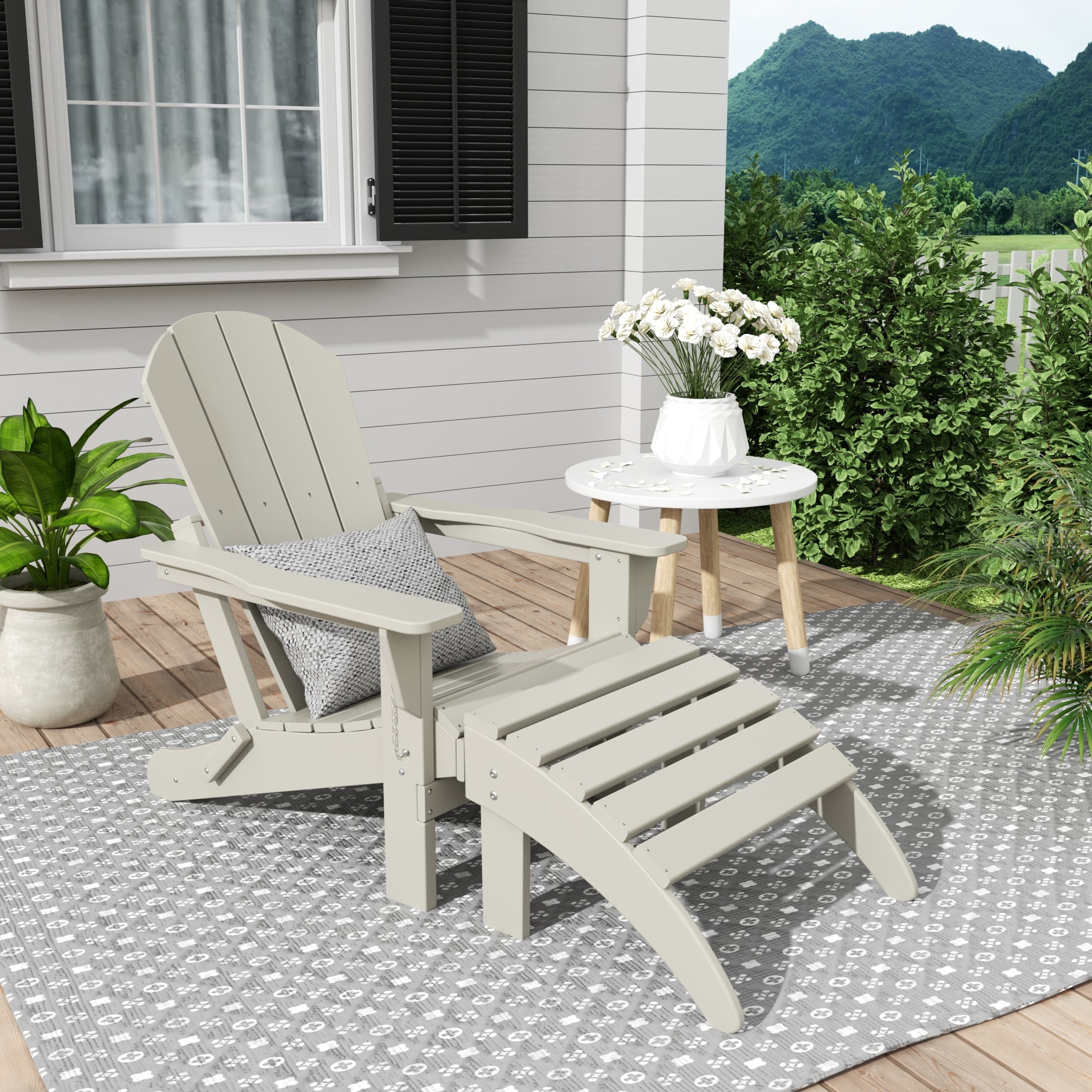 Sand HDPE Outdoor Folding Adirondack Chair with Ottoman Set