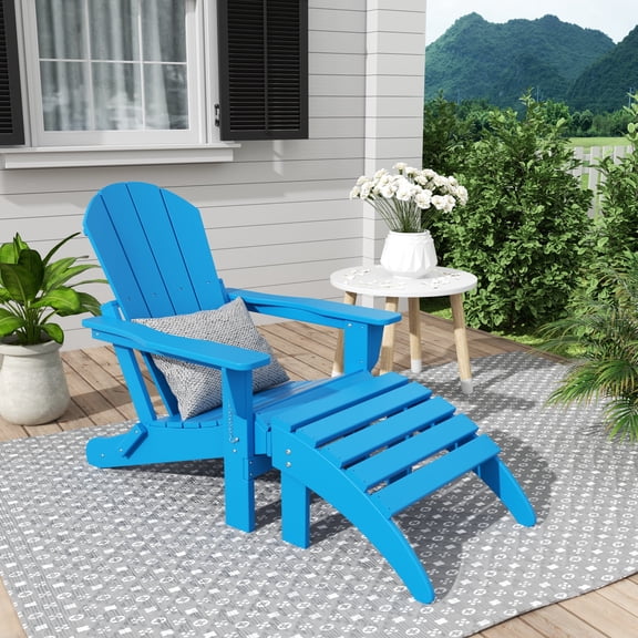 WestinTrends Malibu Outdoor Lounge Chair, 2-Pieces Adirondack Chair Set with Ottoman, All Weather Poly Lumber Patio Lawn Folding Chairs for Outside Pool Garden Backyard Beach, Pacific Blue