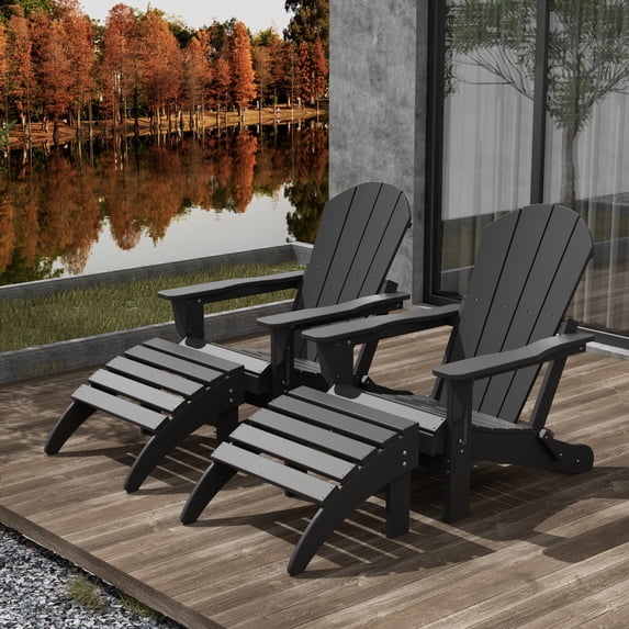 WestinTrends Malibu Outdoor Lounge Chair Set, 4-Pieces Adirondack Chair Set of 2 with Ottoman, All Weather Poly Lumber Patio Lawn Folding Chair for Outside Pool Beach, Gray