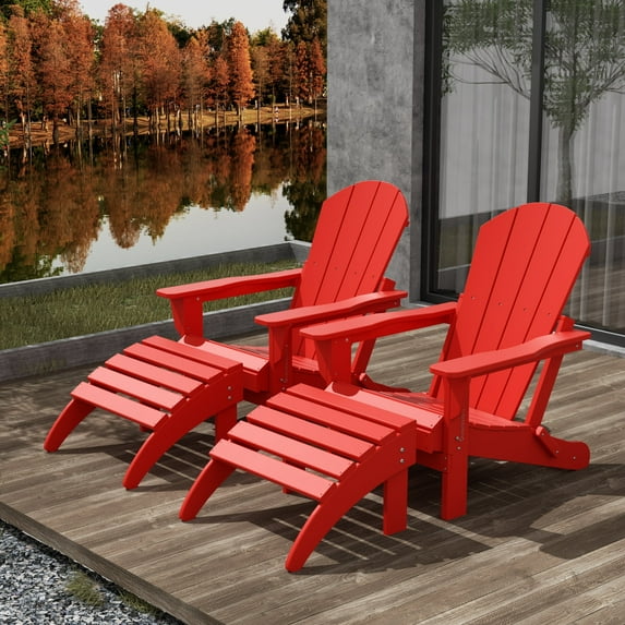 WestinTrends Malibu Outdoor Lounge Chair Set, 4-Pieces Adirondack Chair Set of 2 with Ottoman, All Weather Poly Lumber Patio Lawn Folding Chair for Outside Pool Beach, Red