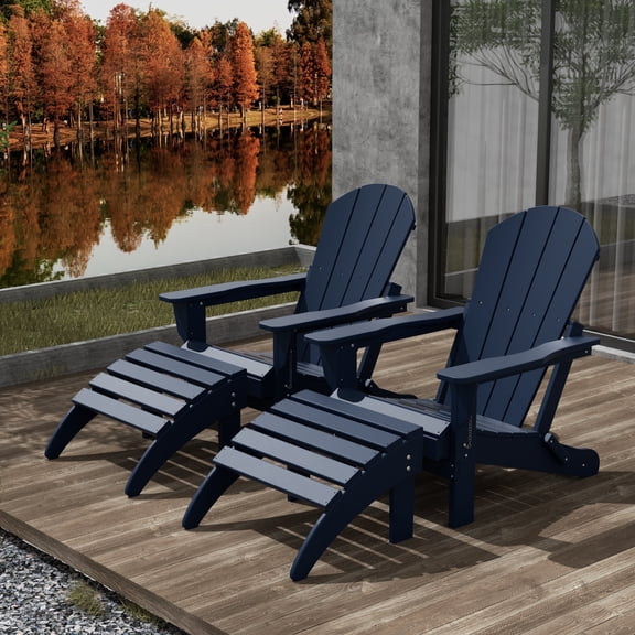 WestinTrends Malibu Outdoor Lounge Chair Set, 4-Pieces Adirondack Chair Set of 2 with Ottoman, All Weather Poly Lumber Patio Lawn Folding Chair for Outside Pool Beach, Navy Blue