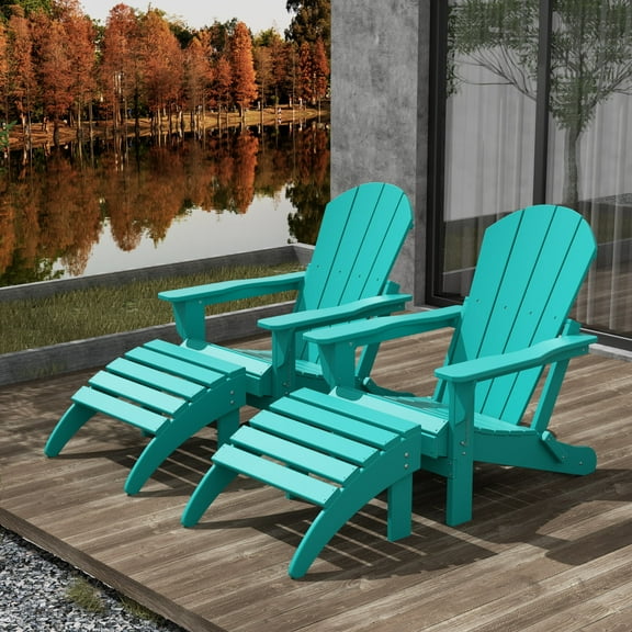WestinTrends Malibu Outdoor Lounge Chair Set, 4-Pieces Adirondack Chair Set of 2 with Ottoman, All Weather Poly Lumber Patio Lawn Folding Chair for Outside Pool Beach, Turquoise