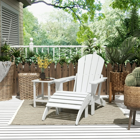 WestinTrends Malibu Outdoor Lounge Chairs, 3-Pieces Adirondack Chair Set with Ottoman and Side Table, All Weather Poly Lumber Patio Lawn Folding Chair for Outside Pool Garden Backyard, White