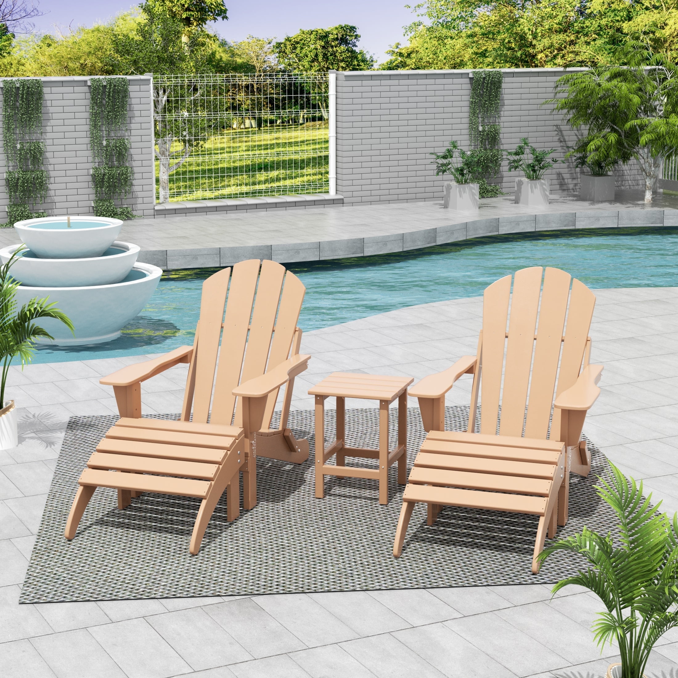WestinTrends Malibu 5-Piece set classic Adirondack chairs with ottoman and a small coffee table (2 seater), Teak