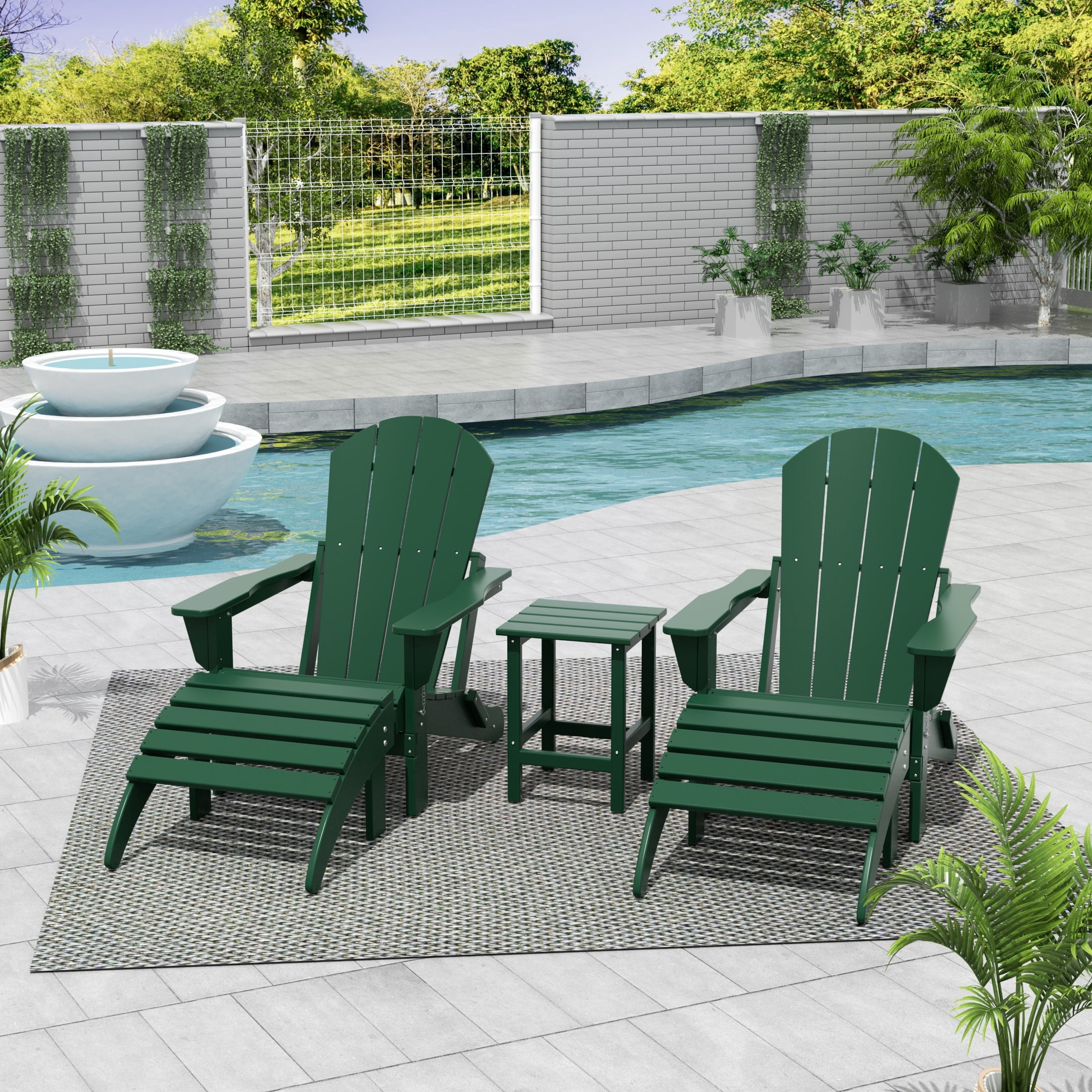 WestinTrends Malibu 5-Piece set classic Adirondack chairs with ottoman and a small coffee table (2 seater), Dark Green
