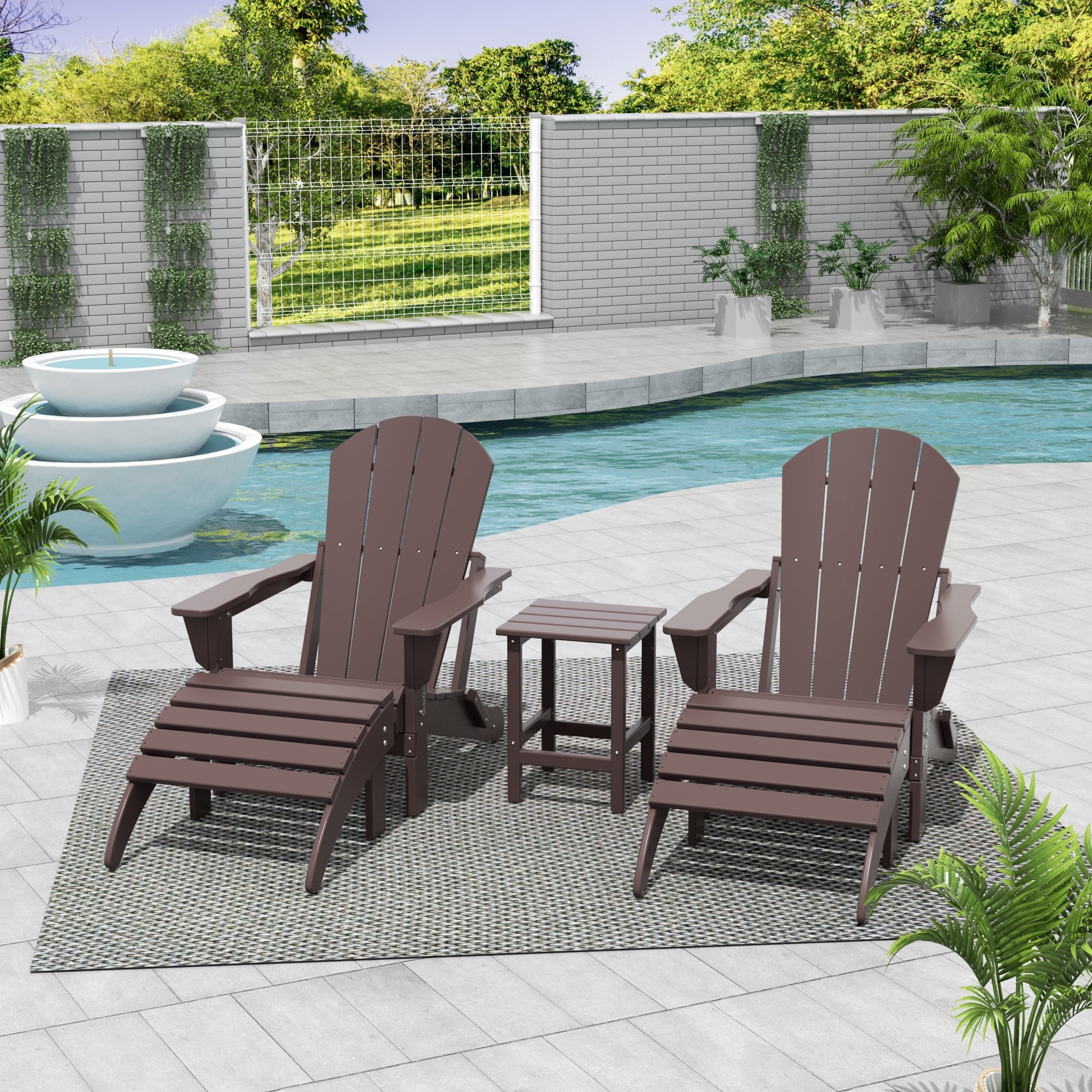WestinTrends Malibu 5-Piece set classic Adirondack chairs with ottoman and a small coffee table (2 seater), Dark Brown