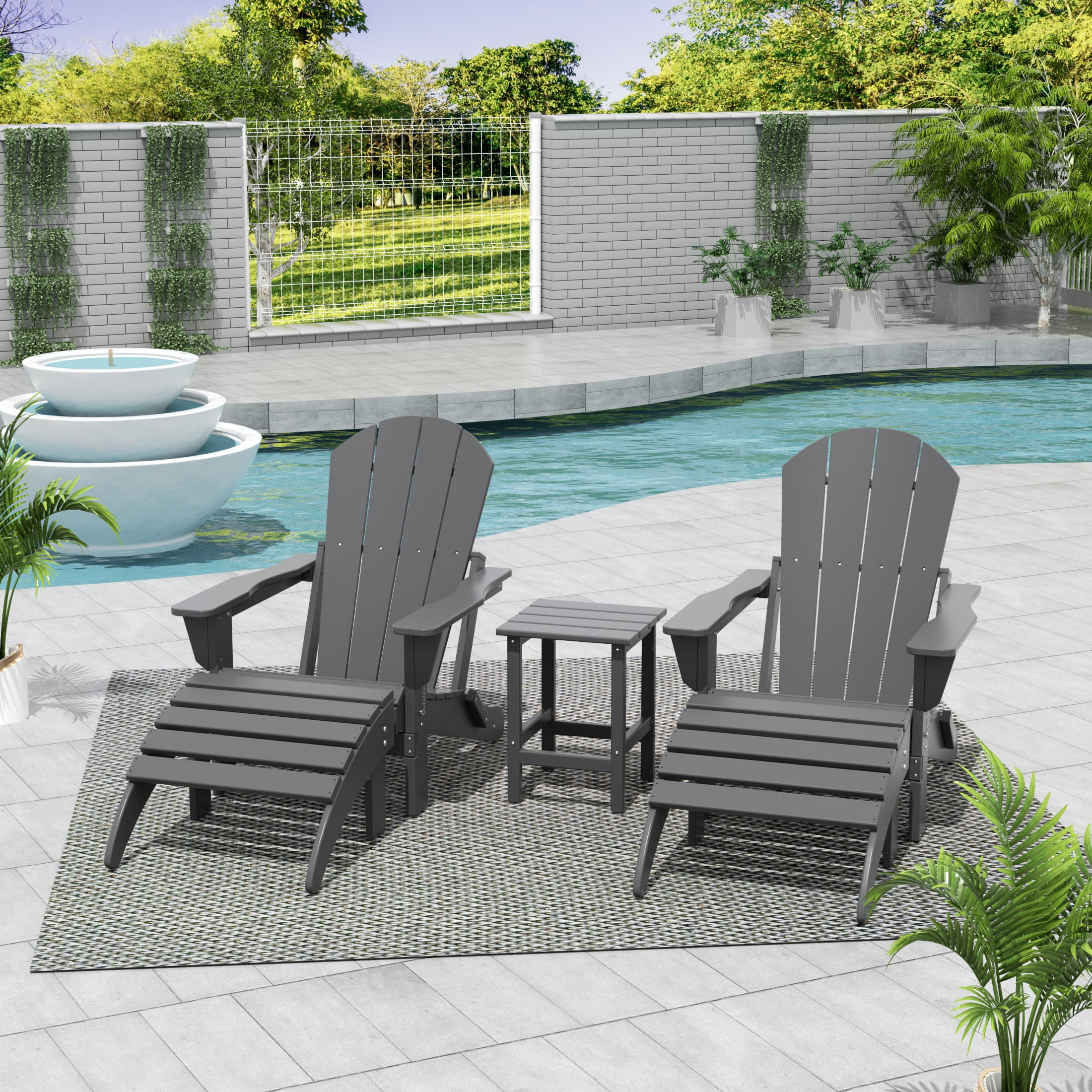 WestinTrends Malibu 5-Piece set classic Adirondack chairs with ottoman and a small coffee table (2 seater), Gray