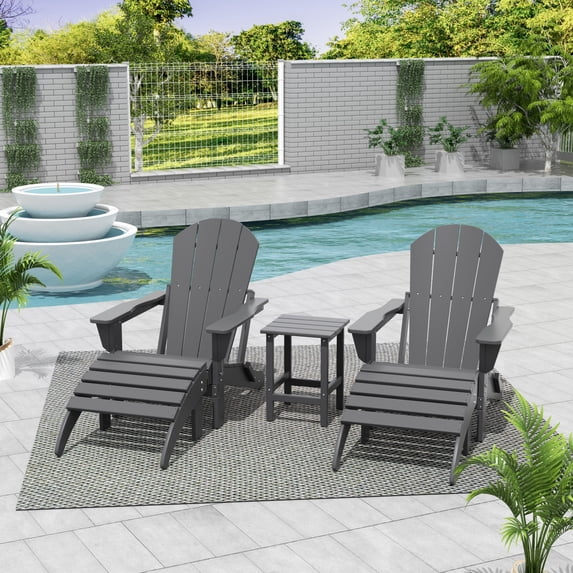 WestinTrends Malibu 5-Piece set classic Adirondack chairs with ottoman and a small coffee table (2 seater), Gray