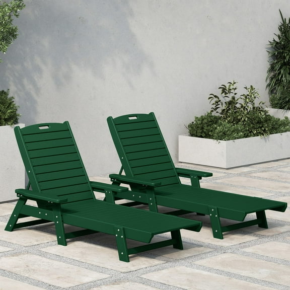 WestinTrends Malibu Outdoor Lounge Chairs Set of 2, All Weather Poly Lumber Patio Chaise Lounge Pool Chairs with 5 Positions Backrest, Dark Green