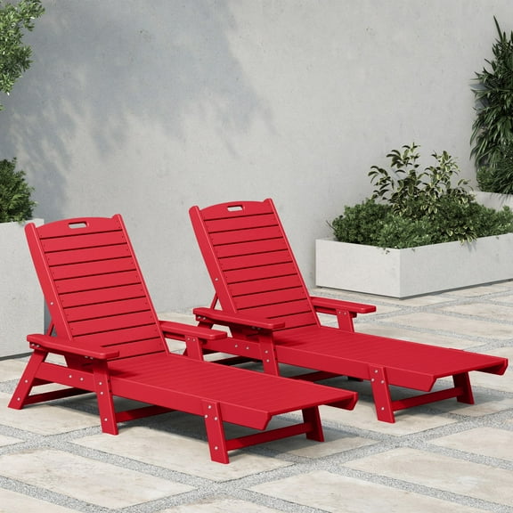 WestinTrends Malibu Outdoor Lounge Chairs Set of 2, All Weather Poly Lumber Patio Chaise Lounge Pool Chairs with 5 Positions Backrest, Red