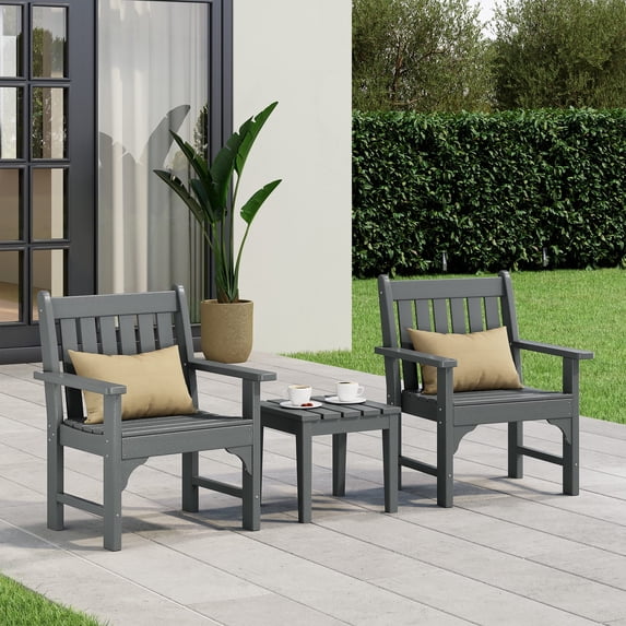WestinTrends Malibu Outdoor Patio 3-Piece HDPE Adirondack Garden Chairs with Square Adirondack Side Table Set, Gray