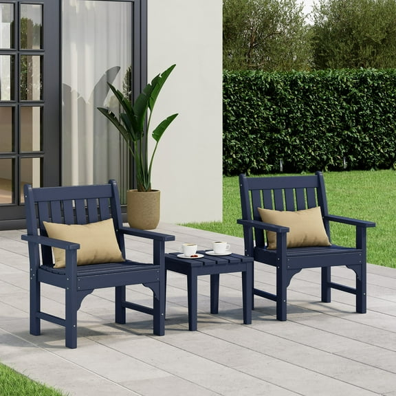 WestinTrends Malibu Outdoor Patio 3-Piece HDPE Adirondack Garden Chairs with Square Adirondack Side Table Set, Navy Blue