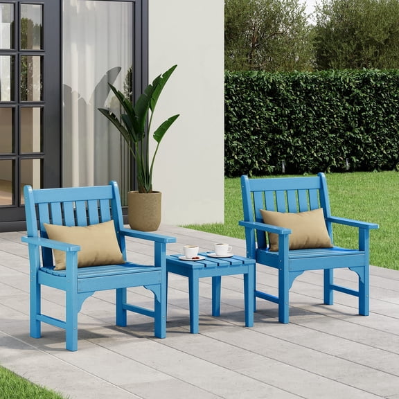WestinTrends Malibu Outdoor Patio 3-Piece HDPE Adirondack Garden Chairs with Square Adirondack Side Table Set, Pacific Blue