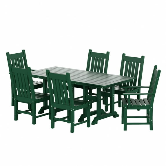 WestinTrends Malibu Outdoor Patio Dining Set for 6, All Weather Poly Lumber Patio Furniture Set, 71" Farmhouse Dining Table Set with Umbrella Hole and 6 Patio Chairs, Dark Green