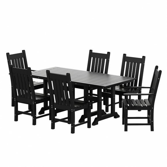 WestinTrends Malibu Outdoor Patio Dining Set for 6, All Weather Poly Lumber Patio Furniture Set, 71" Farmhouse Dining Table Set with Umbrella Hole and 6 Patio Chairs, Black
